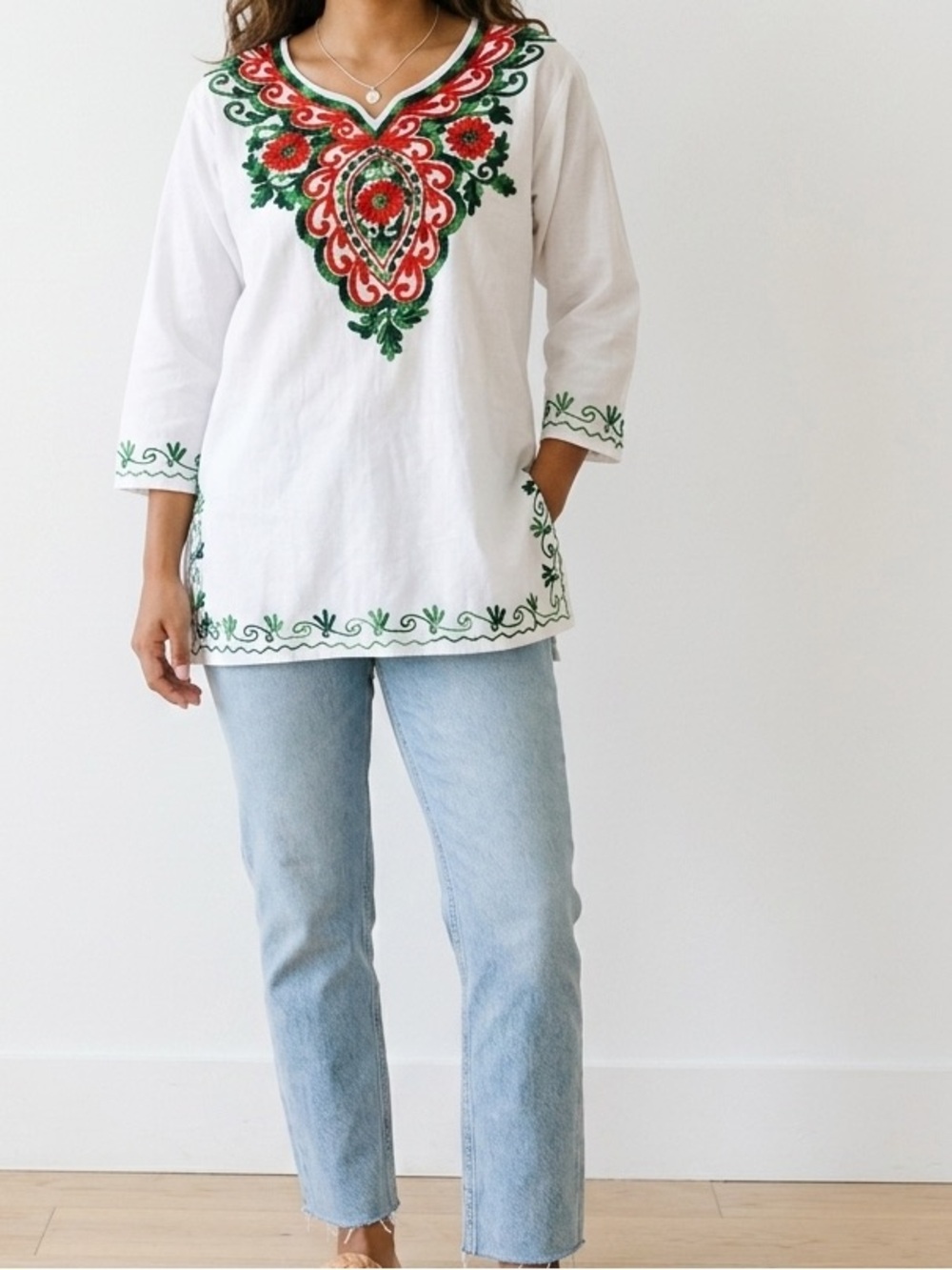 White Embroidered V-Neck Tunic with Red & Green Floral Motif